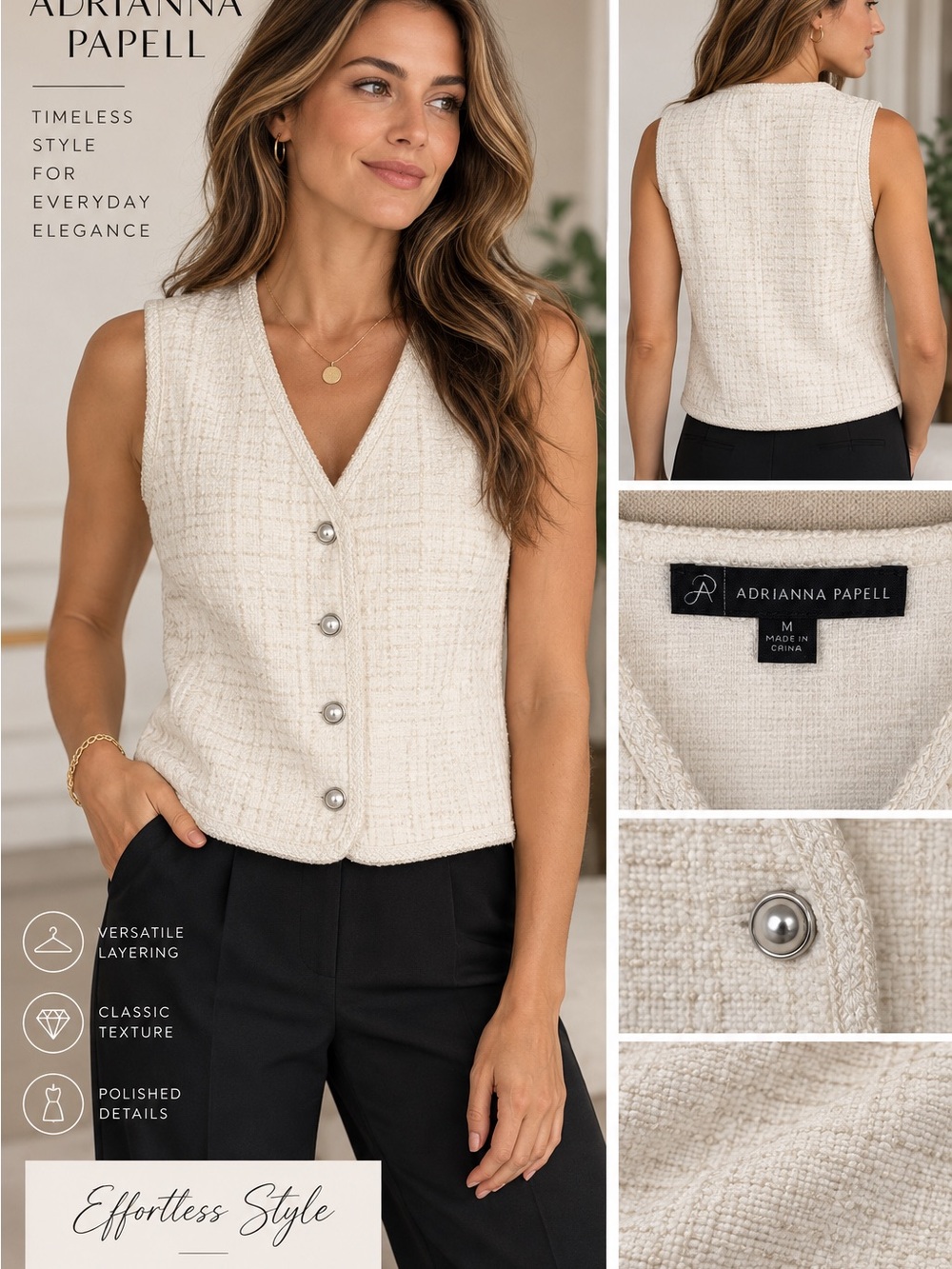 Adrianna Papell Cream Tweed Button-Front Vest